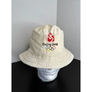 Olympic Bucket Mat Womens One Size Beige White Beijing 2008 Cap Ladies FLAW